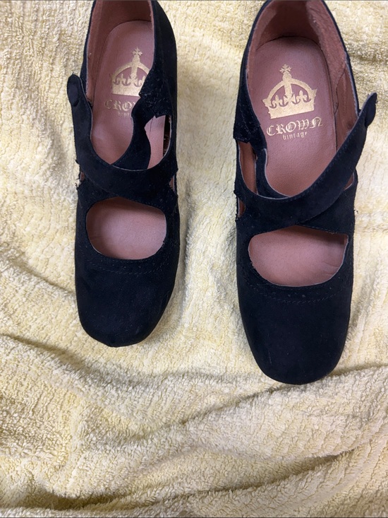 Crown Vintage Shoes - Crown Vintage Black Suede Mary Jane wedge with Tan Insole